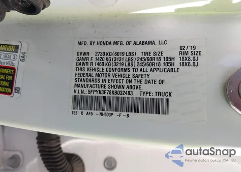2019 Honda Ridgeline Rtl-E из США, поврежденный, VIN 5FPYK3F78KB032483